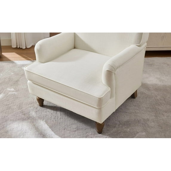 Lisonu Cozy Reading Armchair, Vintage Upholstered Linen Accent Chair with Rolled Arms and Solid Wood Legs for Living Room, Cream