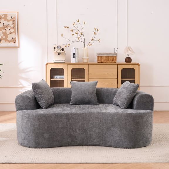 Lisonu Crescent Sofa Gray Chenille No-Assembly 3-Seat Self-Inflating Foam Modular Convertible Sofa Bed, Low-Back Curved Sectional, Vacuum-Packed, Restores in 72 Hours, 66.93in