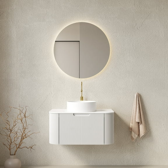 Lisonu DINA 30" Wall-Mounted Bathroom Vanity, Modern Floating Cabinet with Curved Edges, 3D Striped Drawer & Round Ceramic Vessel Sink, Plywood, White