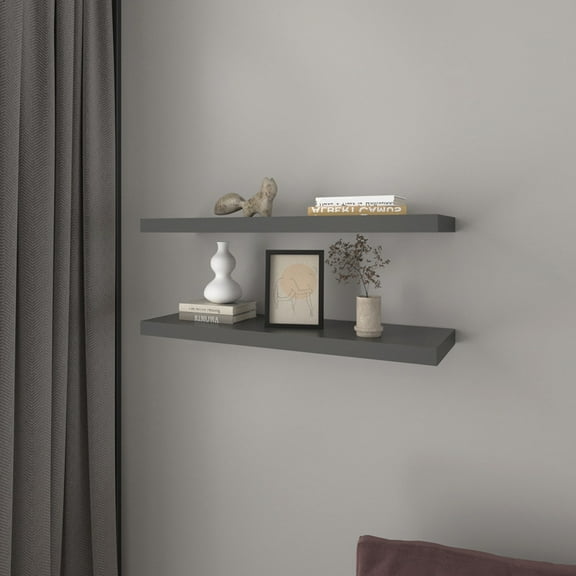 Lisonu Dallas Floating Shelves Set of 2, 31.5-inch Wall Mounted Display Ledges, Modern Engineered Wood Shelving for Living Room, Office, Matte Gray
