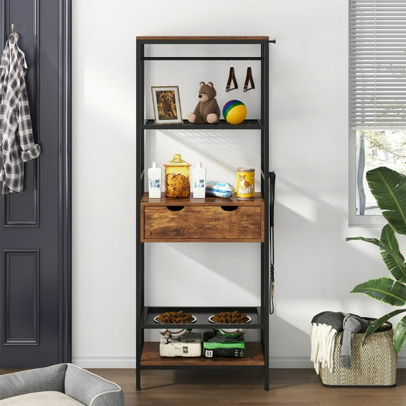 Lisonu Dog Feeding Station with Height-Adjustable Bowls, American Design Pet Feeder with Storage Shelves, Drawer and Hooks, 2 Large Stainless Steel Bowls for Medium and Large Dogs