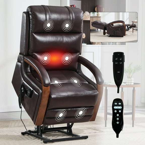 Lisonu Dual Motor Power Lift Recliner, Heavy Duty Stand Assist Chair for Elderly up to 350 LBS, Infinite Position Recliner with Heat and Massage, Brown Leatheraire