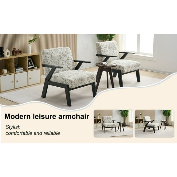 Lisonu Embroidered Accent Chair, Mid-Century Modern Lounge Armchair with Solid Rubberwood Frame, Artisan Fabric Decorative Chair for Living Room, Beige & Grey