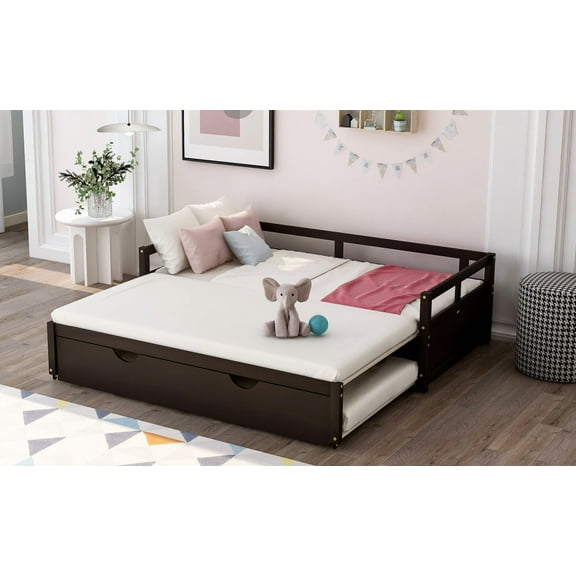 Lisonu Espresso Extending Daybed with Pull Out Trundle, Twin to King Convertible Wooden Sofa Bed, Solid Wood Guest Bed for Adults, No Box Spring, Living Room