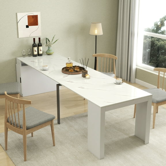 Lisonu Extendable Dining Table, Transforms from Console to 118" Table for 10, Space-Saving Design with Self-Storing Leaves & Power Outlet, White