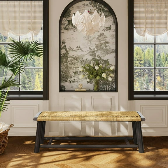 Lisonu Farmhouse Modern Rattan Bench, 59-Inch Solid Wood Dining Bench with Handwoven Seat, Entryway & End of Bed Bench for Indoor / Covered Outdoor Use, Walnut