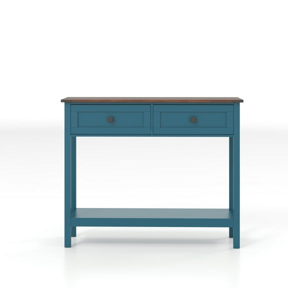 Lisonu Farmhouse Style Console Table with 2 Drawers and Bottom Storage Shelf, Pagoda Blue, Engineered Wood