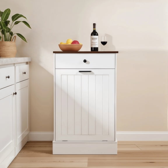 Lisonu Farmhouse Tilt Out Trash Can Cabinet, White Wooden Kitchen Garbage Cabinet with 2 Drawers, Hidden Freestanding Laundry Hamper or Recycling Bin Holder for 10 Gallon Can