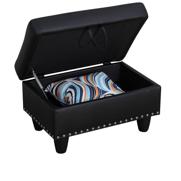 Lisonu Faux Leather Storage Ottoman, Tufted Rectangular Footrest Bench for Living Room & Entryway, Black(Style B)