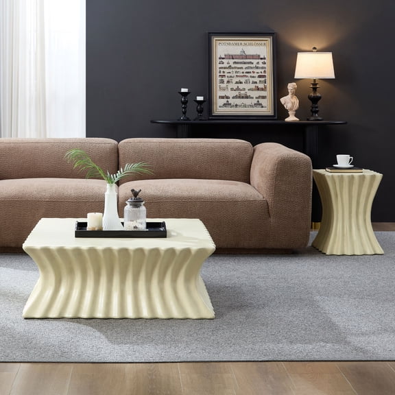 Lisonu Fiberglass Coffee Table Set - Vintage Beige Square Nesting Tables 35.43 in & 15.16 in Combo, No Assembly, Distressed Textured Top, Wear-Resistant Sturdy Indoor Accent for Living Room