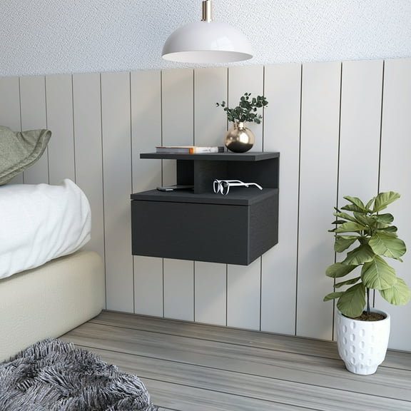 Lisonu Flopini Floating Nightstand, Modern Wall Mounted Bedside Table with Drawer, Particle Board Floating Shelf for Small Space Bedroom, Black Wengue