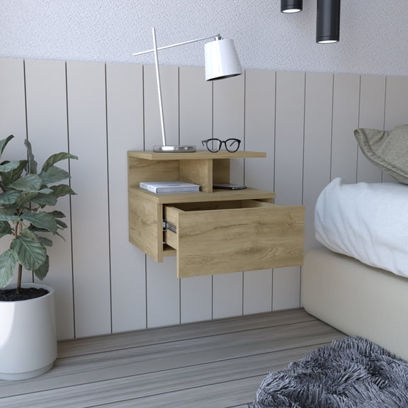 Lisonu Flopini Floating Nightstand, Wall Mounted Bedside Table with Drawer, Particle Board Floating Shelf for Small Space Bedroom, Macadamia Finish