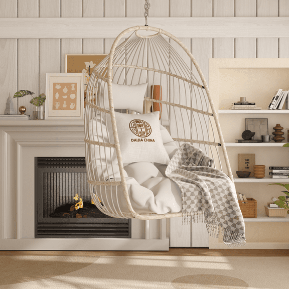 Lisonu Foldable Hanging Egg Chair, Indoor/Outdoor PE Rattan Swing Chair for Patio or Bedroom, Hammock Chair with Cushions & Hanging Kit, Off-White