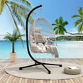 thumbnail image 1 of Lisonu Folding Hanging Egg Chair with Stand, Outdoor Patio Wicker Swing Chair, Indoor Hammock Chair with Beige Cushions for Garden or Bedroom, 350 lbs Capacity, Black Frame, 1 of 10