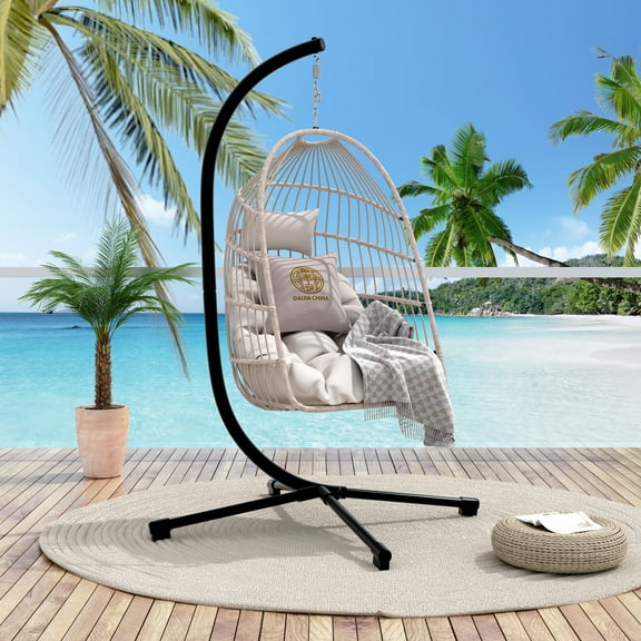 Lisonu Folding Hanging Egg Chair with Stand, Outdoor Patio Wicker Swing Chair, Indoor Hammock Chair with Beige Cushions for Garden or Bedroom, 350 lbs Capacity, Black Frame