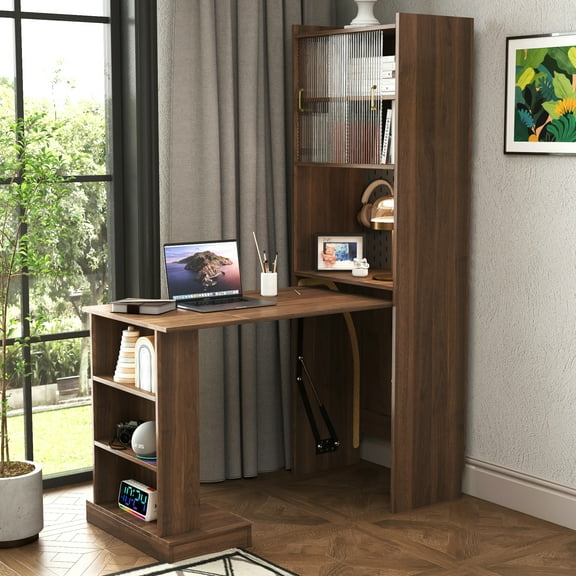 Lisonu Folding Murphy Desk with Storage Cabinet, Space-Saving Hideaway Computer Desk for Small Spaces, Fold-Out Writing Table, Walnut