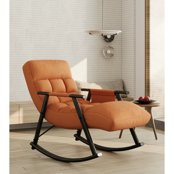 Lisonu Folding Rocking Chair with Adjustable Backrest and Footrest, Velvet Upholstered Lounge Chair for Living Room and Bedroom，Orange