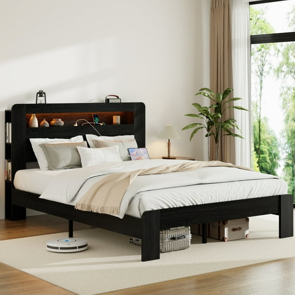 Lisonu Full Bed Frame with LED Lights & Charging Station, Industrial Metal Platform Bed with Storage Headboard, USB Ports & Outlets, No Box Spring Needed, Dark Black