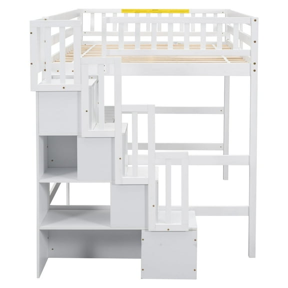 Lisonu Full Loft Bed with Storage Staircase, Wood Bed Frame with Bookshelves & Built-in Desk for Bedroom, No Box Spring Needed, White