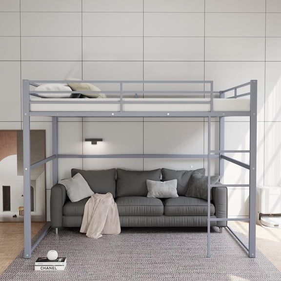 Lisonu Full Size Loft Bed Frame, Heavy-Duty Metal Bunk Bed with Ladder and Guardrails, Space-Saving Design for & Teens, No Box Spring Needed, Gray