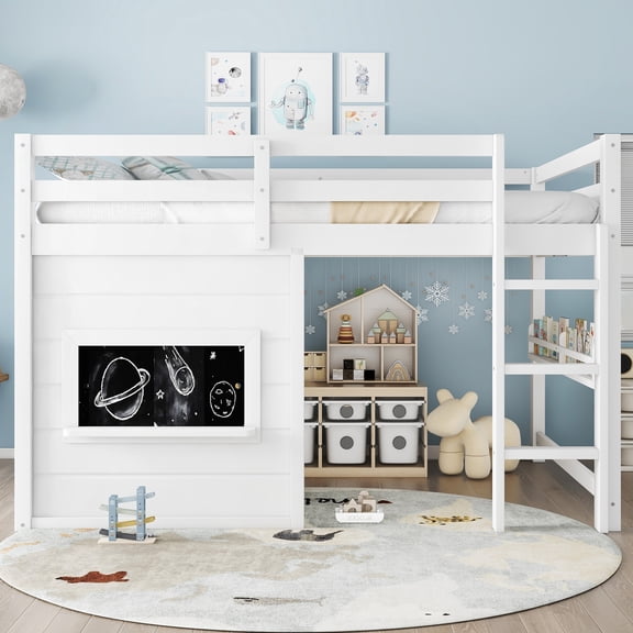 Lisonu Full Size Loft Bed White Log Cabin Style with Sliding Chalkboard, Whimsical Wood Frame with Bookshelf & Safety Rails for Creative Bedrooms