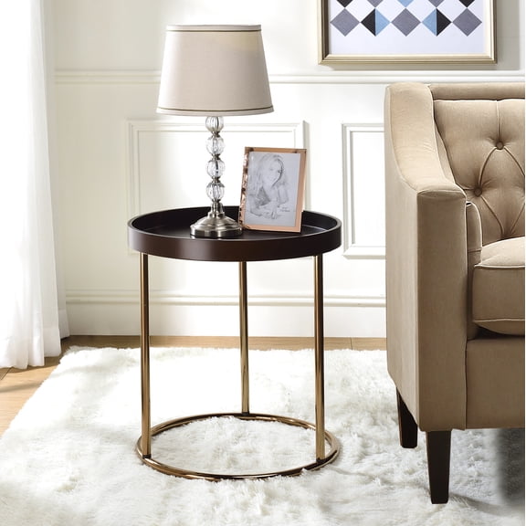 Lisonu Genoa Round Tray Top End Table, Modern Glam Accent Table with Gold Metal Frame, Wood Side Table for Living Room, Espresso