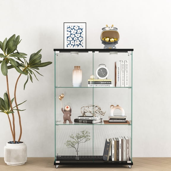 Lisonu Glass Display Cabinet with LED Lights, 3-Shelf Curio Case for Collectibles & Action Figures, 48 Inch Tempered Glass Storage Unit with Remote & Wheels, Black