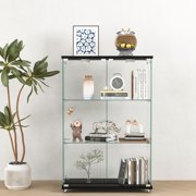 Lisonu Glass Display Cabinet with LED Lights, 3-Shelf Curio Case for Collectibles & Action Figures, 48 Inch Tempered Glass Storage Unit with Remote & Wheels, Black