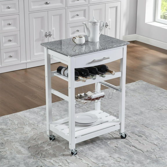 Lisonu Granite Top Kitchen Cart with Storage Drawer, Wine Rack, Wire Basket and Lockable Wheels - White