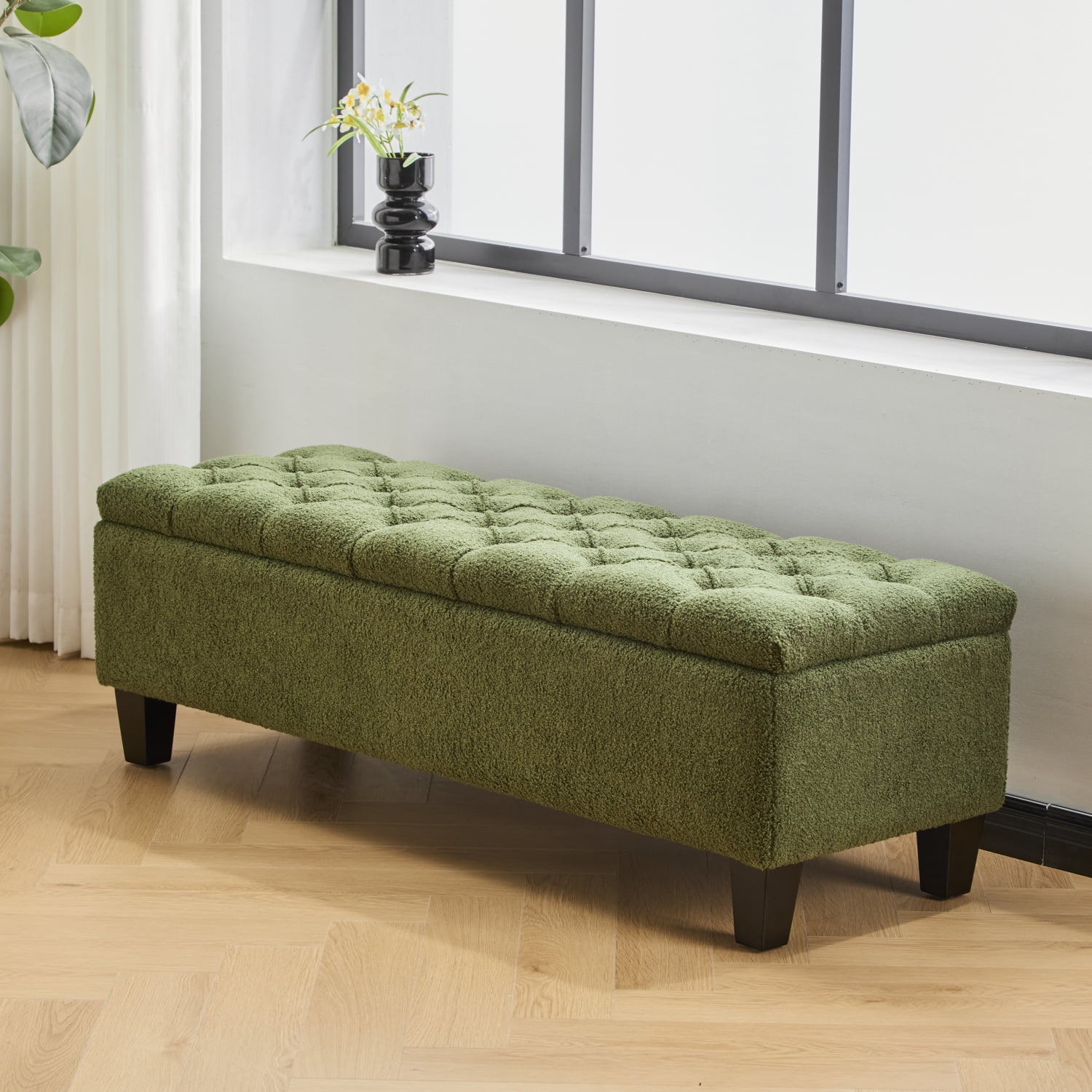 Lisonu Green Boucle Storage Ottoman Bench, Button-Tufted Diamond Stitching, 51.18in Lift-Top Upholstered Entryway & Living Room Bench with Soft Hinges, Rubberwood Legs, 300 lb