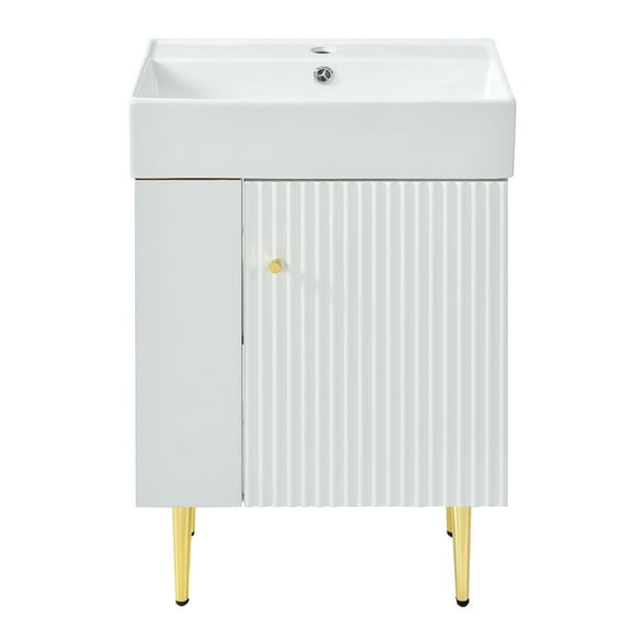 Lisonu Hearth & Haven Amelia 21.6" Bathroom Vanity with Storage Cabinet, Single Ceramic Sink and Left Side Storage, White
