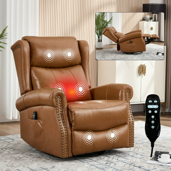 Lisonu Heated Massage Recliner, Vibrant Yellow Fabric Accent Chair with 360° Swivel and Rocker for Living Room