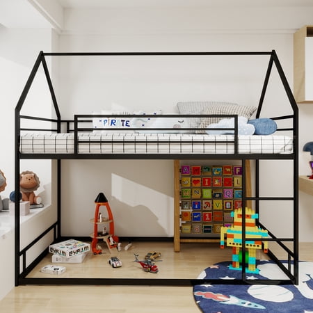 Lisonu Heavy-Duty Twin over Twin Bunk Bed, Sturdy Metal Frame with 400 LBS Capacity Per Bunk, Safety Guardrails and Integrated Ladder, No Box Spring Needed, Black