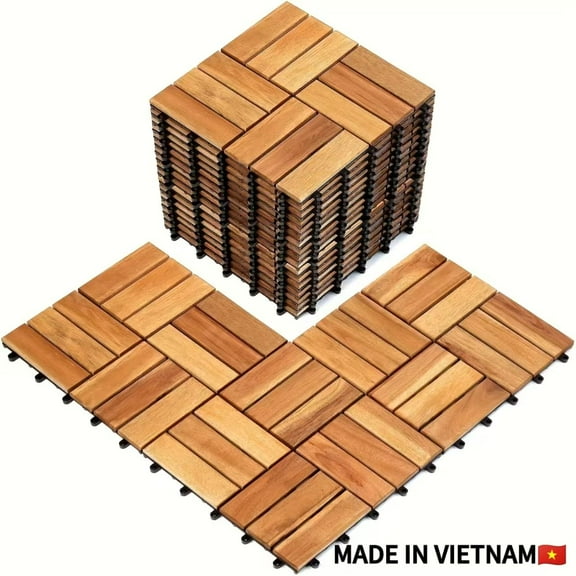 Lisonu Interlocking Deck Tiles 10-Pack - Premium Solid Acacia Wood Flooring for Patio, Garden, Balcony, Poolside - Water Resistant Outdoor & Indoor Quick-Connect Decking System, Natural Finish