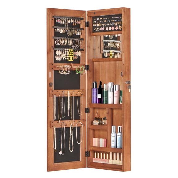 Lisonu Jewelry Armoire with Full-Length Mirror, Lockable Wall-Mounted or Over-The-Door Jewelry Organizer with LED Lights, Solid Wood Cabinet, Coffee Brown