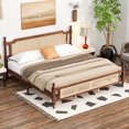 thumbnail image 1 of Lisonu King Size Bed Frame with Rattan Headboard & Footboard, Solid Pine Wood Platform Bed with Center Support, Walnut Finish, 1 of 8