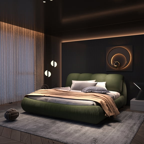 Lisonu King Size Upholstered Platform Bed, Modern Bed Frame with Oversized Padded Headboard, Solid Pine Wood Frame, No Box Spring Needed, Adjustable for 6"-12" Mattresses, Green Polyester