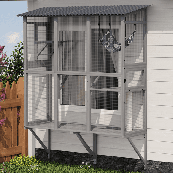 Lisonu Large Cat Catio, Multi-Level Window Box Enclosure with 3 Platforms & Hammock, Weatherproof Wood & Metal Outdoor Cat House for Multiple Cats, Gray