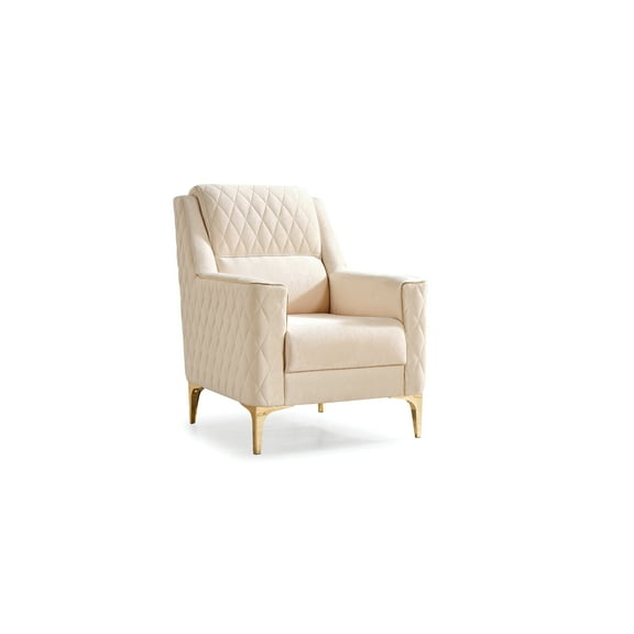 Lisonu Luna Modern Accent Chair, Contemporary Armchair with Solid Wood Frame, Ivory Textured Fabric & Leatherette Detail for Living Room