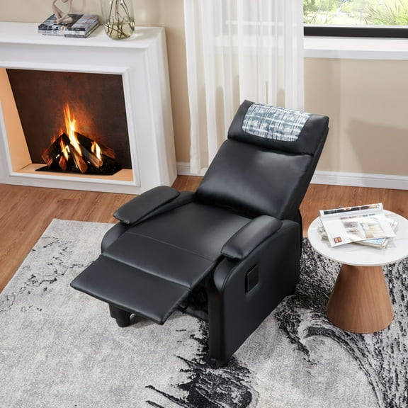 Lisonu Manual Recliner Chair with 3-Position Adjustable Backrest, PU Leather Single Sofa with Blue Plaid Headrest Cushion and Cup Holder for Living Room, Black