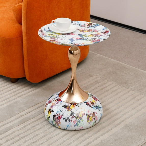 Lisonu Mermaid Tail End Table, 21.3" H Modern Round Metal Side Table, Colorful Ink Dot Accent Pedestal Table for Living Room, Small Spaces, Indoor & Outdoor Use