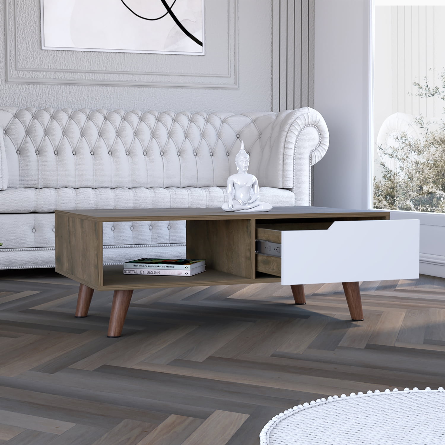 Lisonu Mid-Century Modern Coffee Table with Drawer and Open Shelf, Two-Tone Living Room Center Table with Tapered Legs, Particle Board Cocktail Table, Dark Brown & White