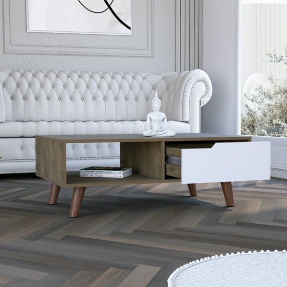 Lisonu Mid-Century Modern Coffee Table with Drawer and Open Shelf, Two-Tone Living Room Center Table with Tapered Legs, Particle Board Cocktail Table, Dark Brown & White