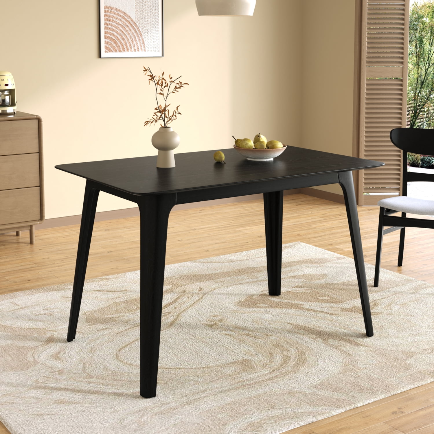 Lisonu Mid-Century Modern Dining Table, 47" Black Kitchen Table with Solid Rubberwood Legs for Small Spaces, Rectangular Faux Wood Top
