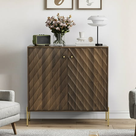 Lisonu Mid-Century Modern Sideboard Buffet Cabinet, 32-Inch Walnut Accent Cabinet with Wave Doors and Adjustable Shelf for Dining or Living Room