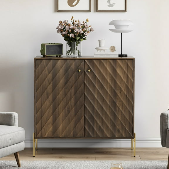 Lisonu Mid-Century Modern Sideboard Buffet Cabinet, 32-Inch Walnut Accent Cabinet with Wave Doors and Adjustable Shelf for Dining or Living Room