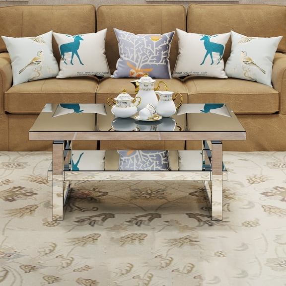 Lisonu Mirrored Coffee Table 39", Luxury Rectangular Glass Center Table with Beveled Edges, Modern Silver Accent Furniture for Living Room, Glam Decor