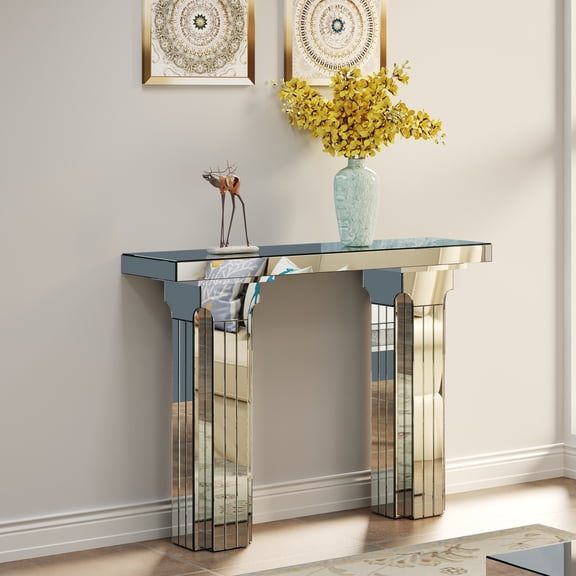 Lisonu Mirrored Console Table 43", Luxury Silver Glass Entryway Desk, Geometric T-Shape Base Sofa Table, Modern Glam Accent Furniture, Beveled Edge Design