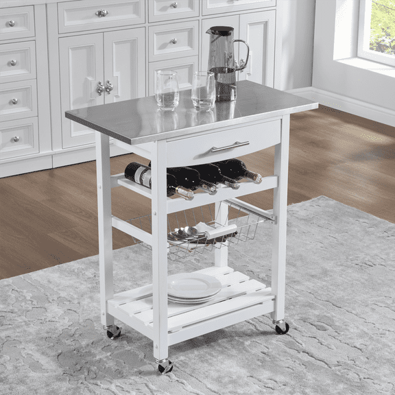Lisonu Mobile Kitchen Island Cart with Stainless Steel Countertop, Rolling Serving Trolley with Drawer and Storage Basket, White