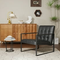 Lisonu Modern Accent Chair and Ottoman Set, Upholstered PU Leather Armchair with Footstool, Channel Tufted Sofa Chair with Metal Frame for Living Room, Bedroom, Office, Black